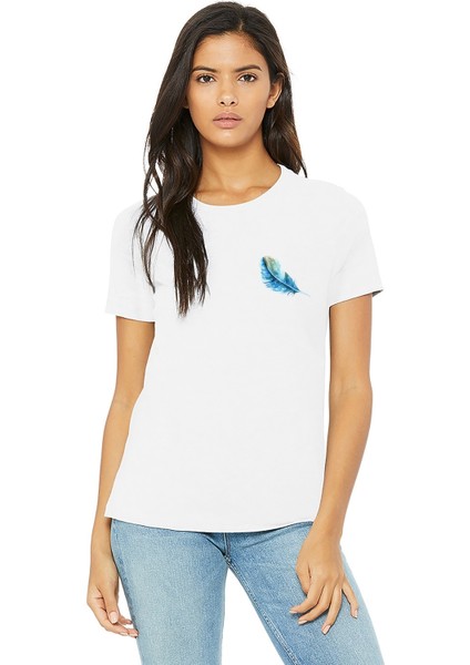 Watercolor Feather Kadın Beyaz Tshirt