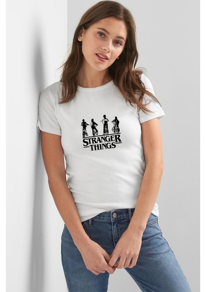 Stanger Things Bisiklet Arka Dönük Kadın Beyaz Tshirt