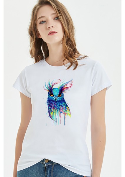 Watercolor Owl Kadın Beyaz Tshirt