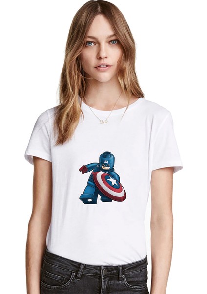 Captain America LEGO Baskılı Beyaz Kadın Tshirt