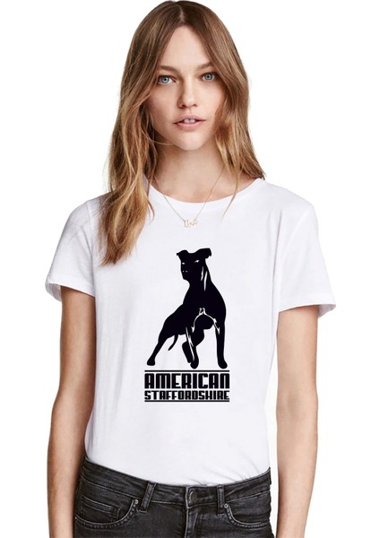 Dog American Staff Baskılı Beyaz Kadın Tshirt