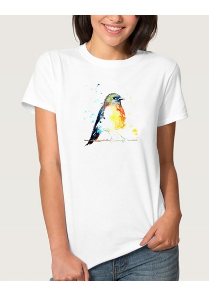 Watercolor Birds Kadın Beyaz Tshirt