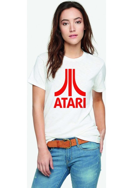 Atari Logo Baskılı Beyaz Kadın Tshirt