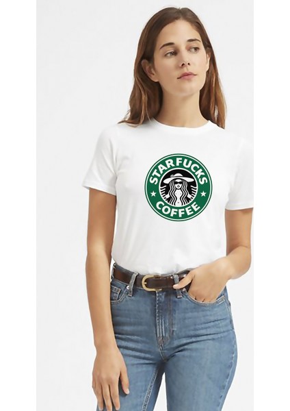Star Coffee Baskılı Beyaz Kadın Tshirt