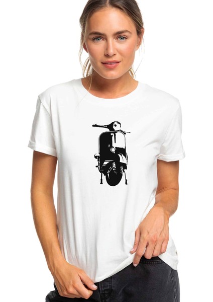 Motosiklet Scotter Motorsiklet Baskılı Beyaz Kadın Tshirt