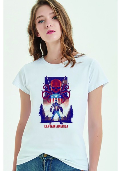 Captain America Baskılı Beyaz Kadın Tshirt