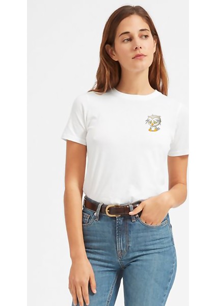 Üzgün Ağlayan Baykuş Göğüs Baskılı Beyaz Kadın Tshirt