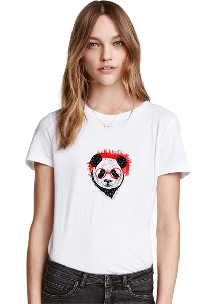 Gözlüklü Panda Baskılı Beyaz Kadın Tshirt
