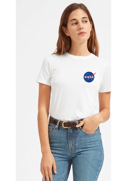 Uzay Logo Baskılı Beyaz Kadın Tshirt
