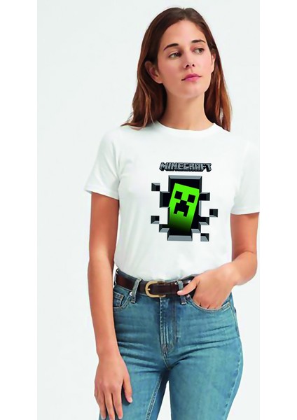 Mine Craft Baskılı Beyaz Kadın Tshirt
