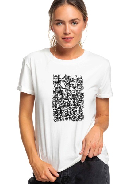 Gamblıng Skulls Baskılı Beyaz Kadın Tshirt