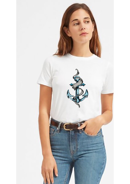 Deniz Çapa Baskılı Beyaz Kadın Tshirt