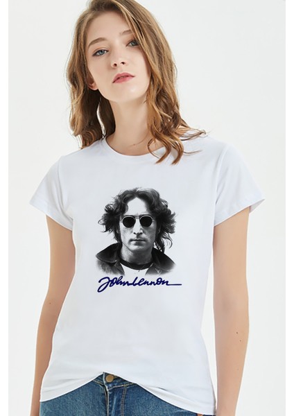 John Lennon Baskılı Beyaz Kadın Tshirt