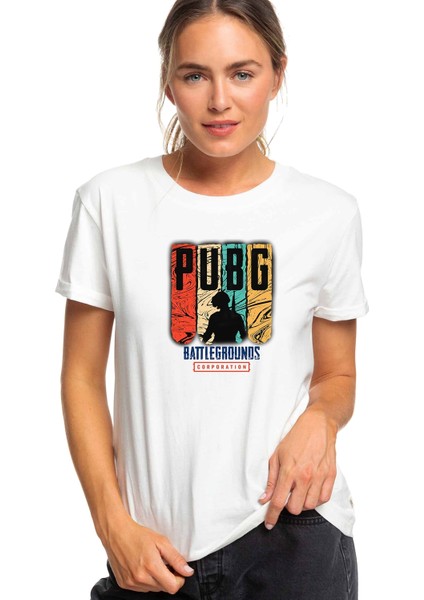 Pubg Battlegrounds Pubg Corporation Baskılı Beyaz Kadın Tshirt