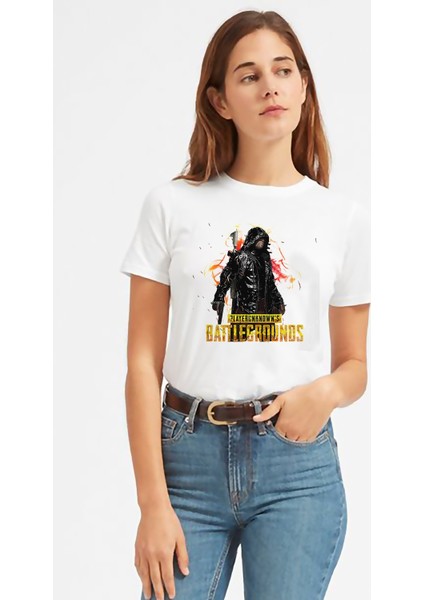 Pubg Playerunknown's Battlegrounds Soldier Baskılı Beyaz Kadın Tshirt