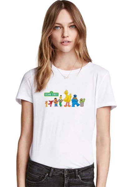 Sesame Street Baskılı Beyaz Kadın Tshirt