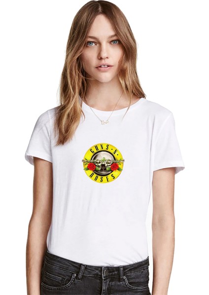 Guns'n Roses Baskılı Beyaz Kadın Tshirt
