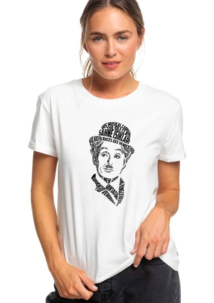 Charlie Chaplin Tipografi Baskılı Beyaz Kadın Tshirt
