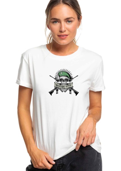 Askeri Style Baskılı Beyaz Kadın Tshirt