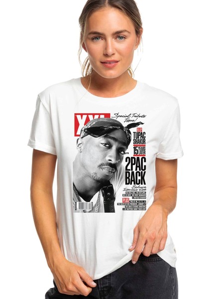 Rap Hiphop 2pac Back Cover Baskılı Beyaz Kadın Tshirt