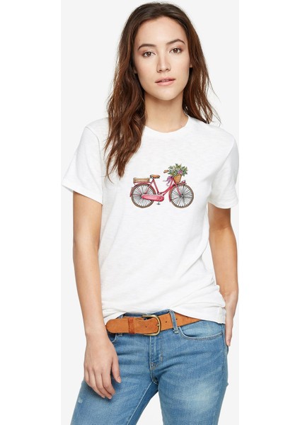 Bisiklet Gül Sepetli Pembe Bisiklet Baskılı Beyaz Kadın Tshirt
