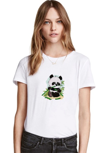 Panda Baskılı Beyaz Kadın Tshirt