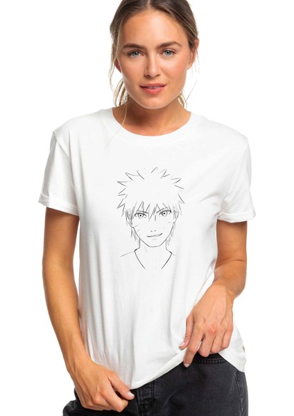 Anime Naruto Baskılı Beyaz Kadın Tshirt