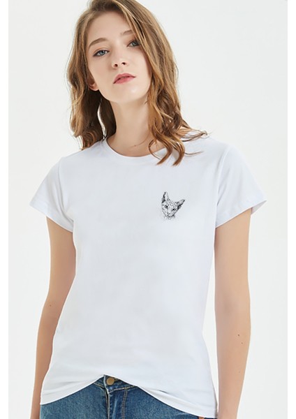 Kedi Çizim Sevimli Kedi Göğüs Baskılı Beyaz Kadın Tshirt