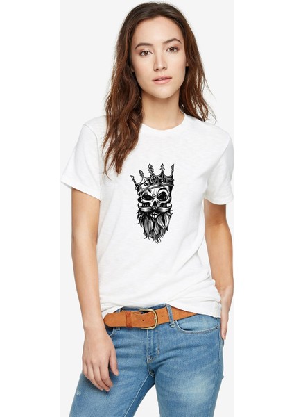 Gamblıng King Skull Baskılı Beyaz Kadın Tshirt