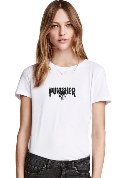 The Punisher Logo Baskılı Beyaz Kadın Tshirt
