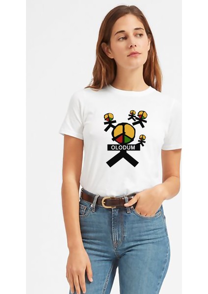 Michael Jackson Peace Olodum Baskılı Beyaz Kadın Tshirt