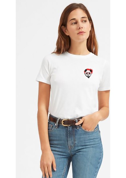 Gözlüklü Panda Cep Baskılı Beyaz Kadın Tshirt