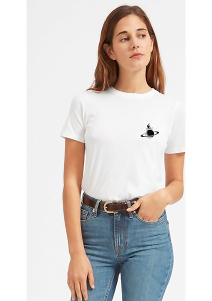 Astronot Jüpiter Bisiklet Baskılı Beyaz Kadın Tshirt
