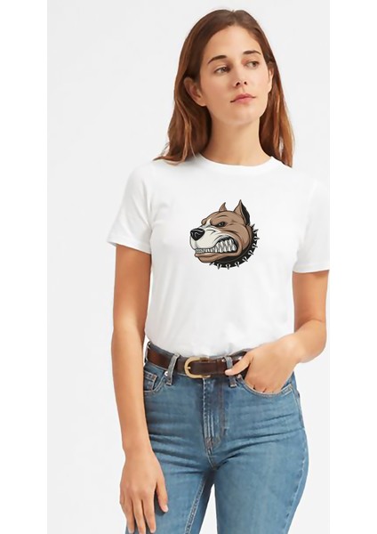 Amerikan Pit Bull Terrier Bulldog Köpek Baskılı Beyaz Kadın Tshirt