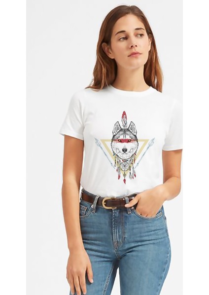 Dreamcatcher Wolf Baskılı Beyaz Kadın Tshirt