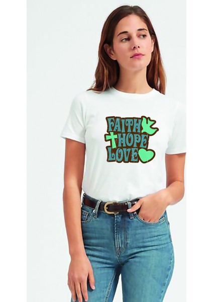 Love Hope Faith Baskılı Beyaz Kadın Tshirt