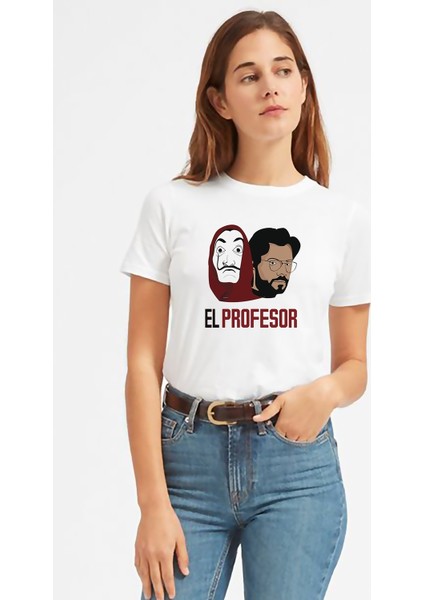 La Case De Papel El Profesor Baskılı Beyaz Kadın Tshirt