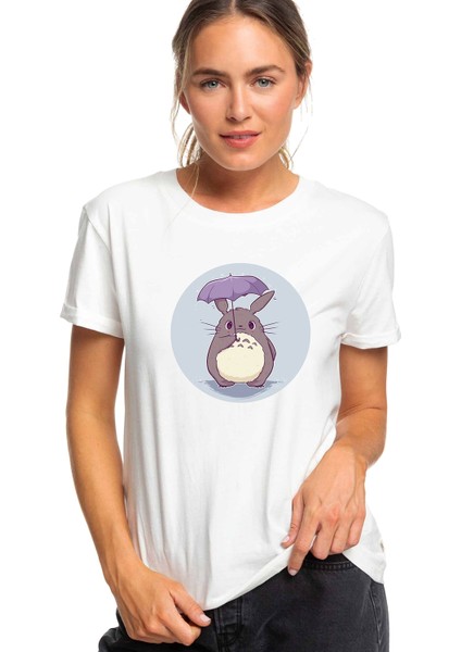 My Neighbor Komşum Totoro Baskılı Beyaz Kadın Tshirt