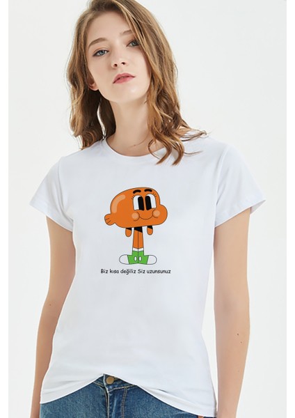 Gumball Biz Kısa Degiliz Siz Uzunsunuz Baskılı Beyaz Kadın Tshirt