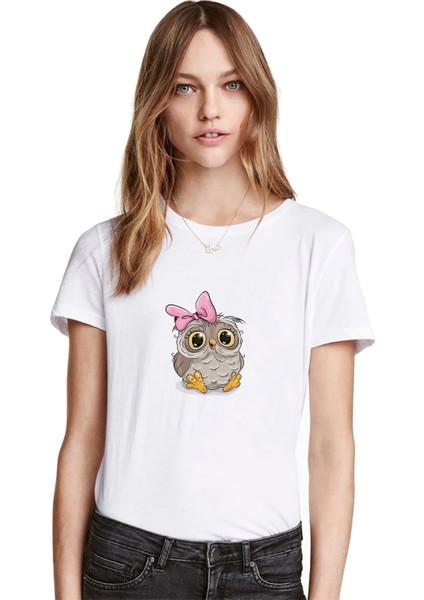 Baykuş Karikatür Çizimi Illüstrasyon Sevimli Baykuş Baskılı Beyaz Kadın Tshirt
