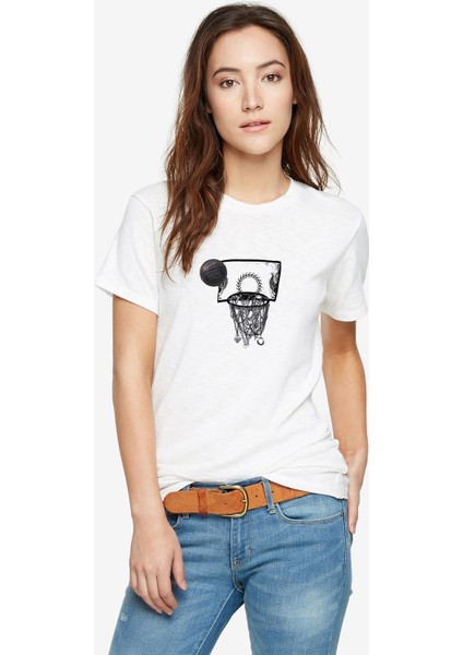 Basketbol Top Pota Baskılı Beyaz Kadın Tshirt