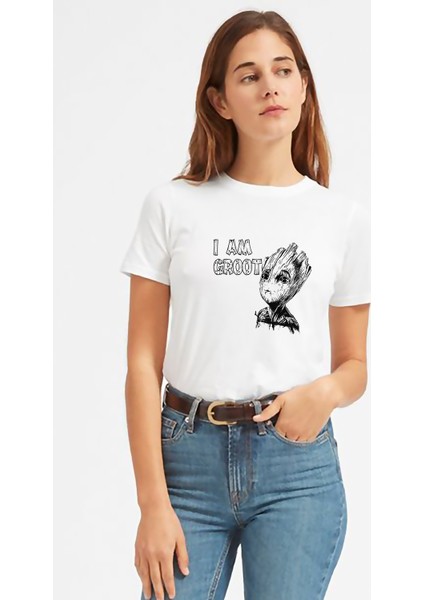 I Am Groot Wood Text Baskılı Beyaz Kadın Tshirt