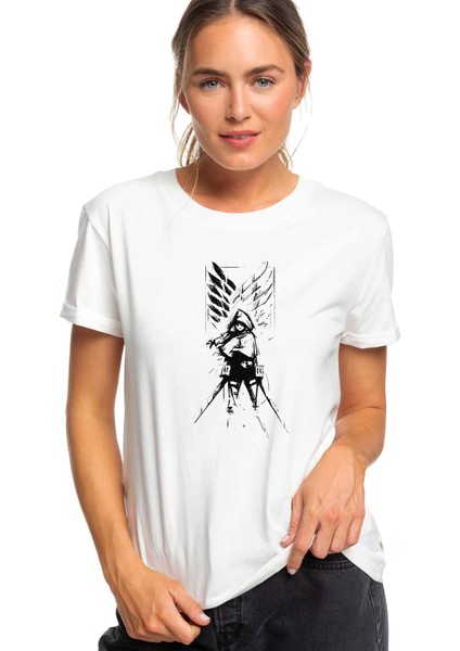 Anime Attack On Titan Baskılı Beyaz Kadın Tshirt