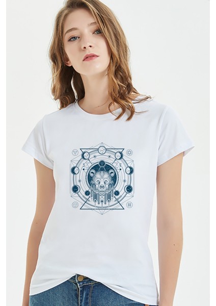 Astronomi Moon Baskılı Beyaz Kadın Tshirt