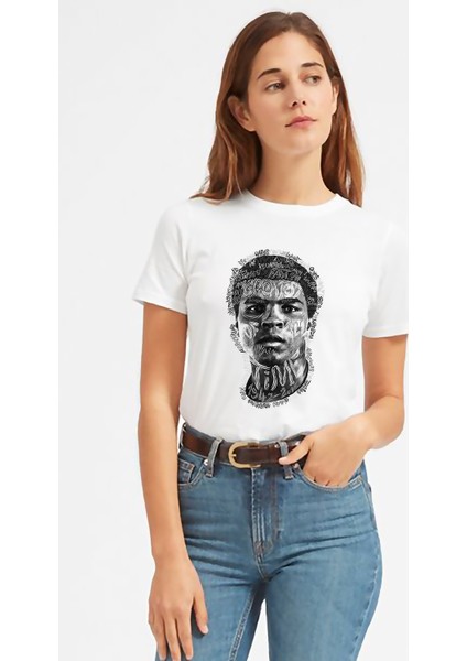 Muhammed Ali Illustrator Baskılı Beyaz Kadın Tshirt