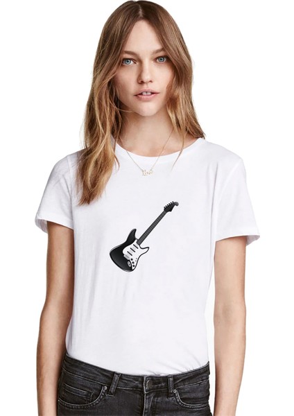 Elektro Gitar Rock Müzik Baskılı Beyaz Kadın Tshirt