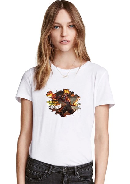 Brand Ateş Topu Alev Baskılı Beyaz Kadın Tshirt