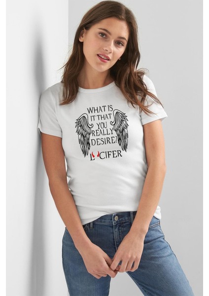 Lucifer What Is It That You Really Desire Kadın Beyaz Tshirt