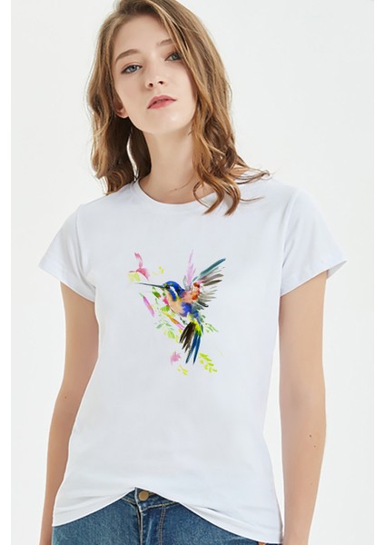Watercolor Hummingbird Kadın Beyaz Tshirt