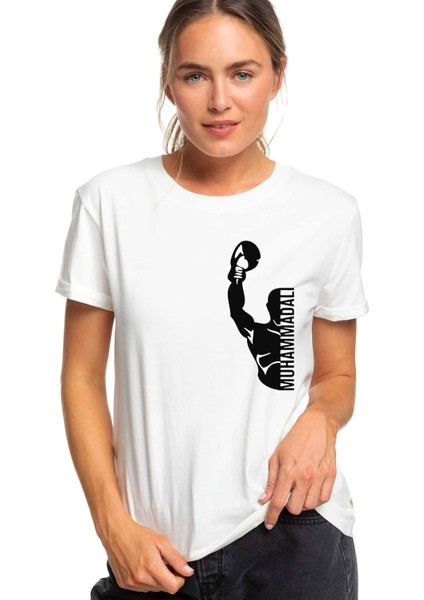 Muhammed Ali Yumruk Baskılı Beyaz Kadın Tshirt